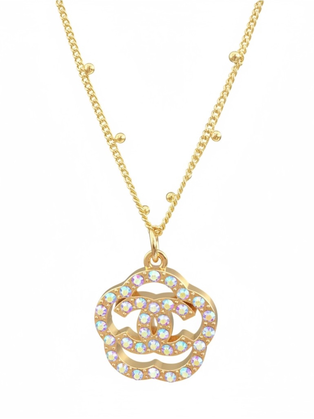 Gold Crystal Interlocked Logo Pendant Necklace - Women